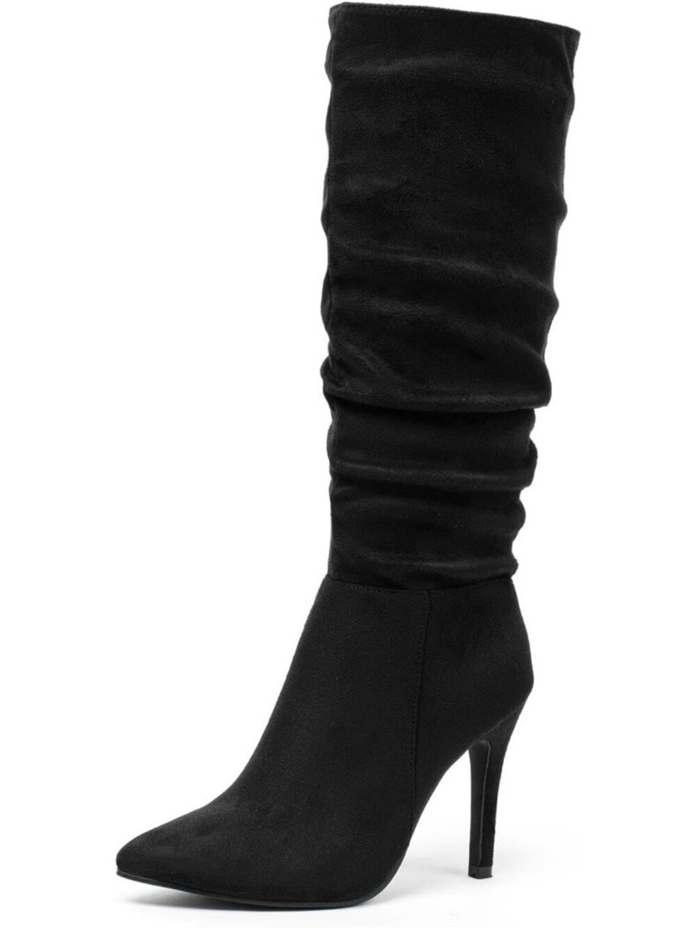 Women's Black Faux Suede Pointed Toe Zipper Slouchy Fashion High Heel Boots